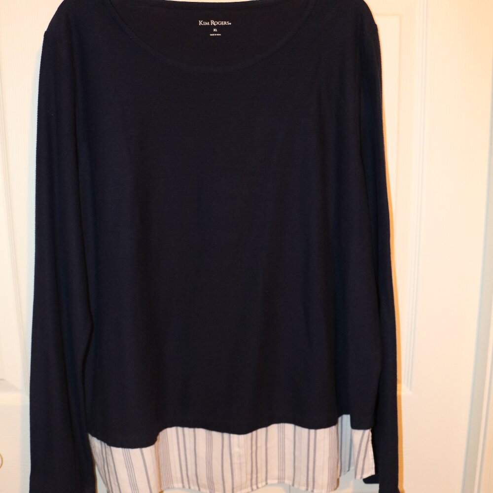 Kim Rogers Womens XL Navy Lightweight Pullover sweater with stripe bottom hem
